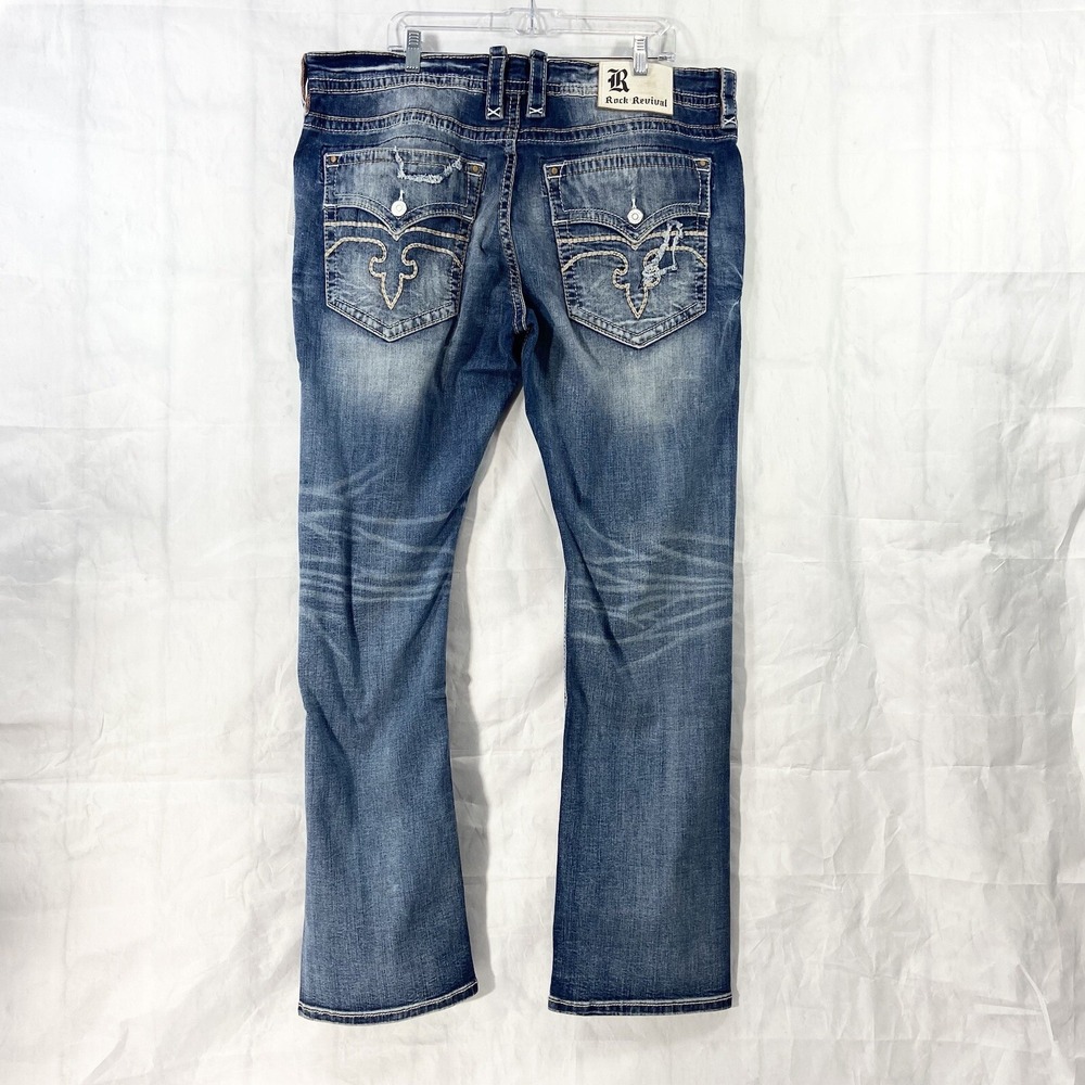 Rock Revival Ryker Jeans Men's 42 Blue Straight Denim Stretch Embroidered New